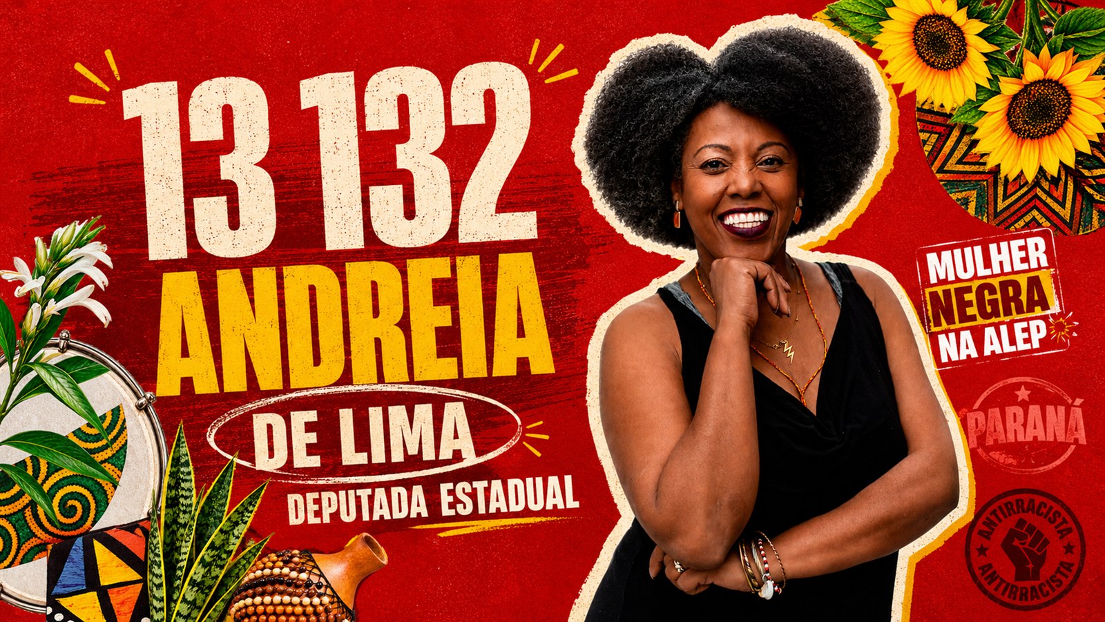 Andreia de Lima sorrindo, ao lado do número 13 132 e da frase Mulher Negra na Alep